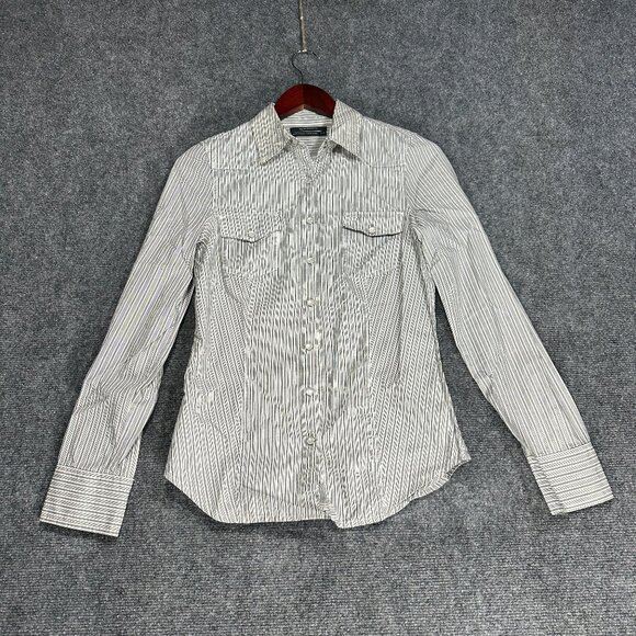 Club Monaco Top Womens Small Gray Cotton Stripe Long Sleeve Pearl Snap Up Pocket - Picture 1 of 9